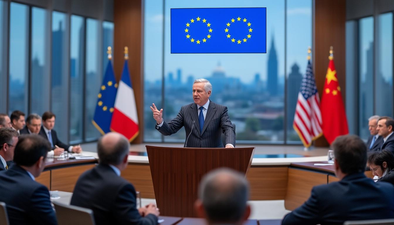 le gouverneur de la banque de france appelle l'europe à s'unir pour relever les défis économiques posés par les états-unis et la chine, tout en soutenant fermement l'accord commercial ue-mercosur.